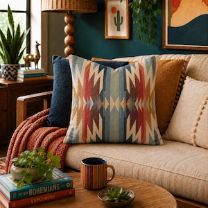 May include: A square throw pillow featuring a symmetrical geometric pattern in shades of rust orange, deep blue, cream, and tan. The design consists of sharp, angular zig-zag lines and diamond shapes centered on the fabric, creating a bold visual.