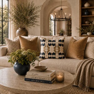 May include: A beige sofa featuring two solid tan velvet pillows, two textured beige pillows, and one central pillow with a dark blue and tan geometric pattern. A round stone coffee table holds a dark blue vase with greenery and stacked books.