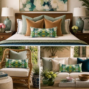 May include: A rectangular lumbar pillow featuring a symmetrical abstract pattern in shades of green, yellow, and white. The pillow is displayed in three different settings: on a bed with neutral pillows, on a wicker chair, and on a white sofa.