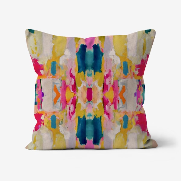 Eva Decorative Abstract Modern Art Boho Colorful Painted Print Kaleidoscope Boho Pillow Yellow Gold Teal Green Pink Orange Grey White