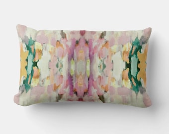 Layla Muted Decorative Abstract Art Painted Print 12x20 Lumbar Throw Pillow Mauve Dusty Rose Pink Purple White Gold Yellow Tan Brown Green