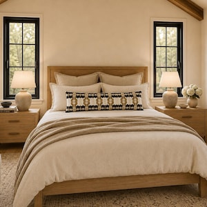 May include: A wooden bed frame with a light beige duvet and a long rectangular accent pillow featuring a black, white, and tan geometric pattern. The bed is flanked by two wooden nightstands, each topped with a cream-colored lamp and a lampshade.