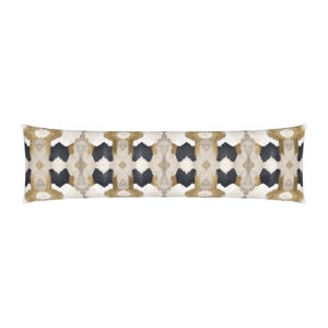 May include: A long, rectangular pillow with a geometric pattern in shades of brown, beige, and black. The pattern is a repeating design of abstract shapes.