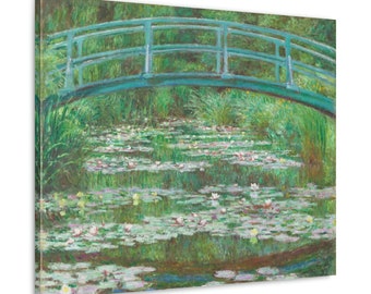 May include: A painting of a green bridge over a pond with water lilies. The bridge is made of wood and has a curved shape. The pond is filled with water lilies and the water is a light blue color. The background is a green forest.