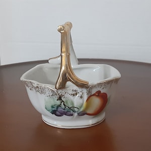 Small, Hand Painted Fine Porcelain Basket with Fruit Motif and Gold Gilding