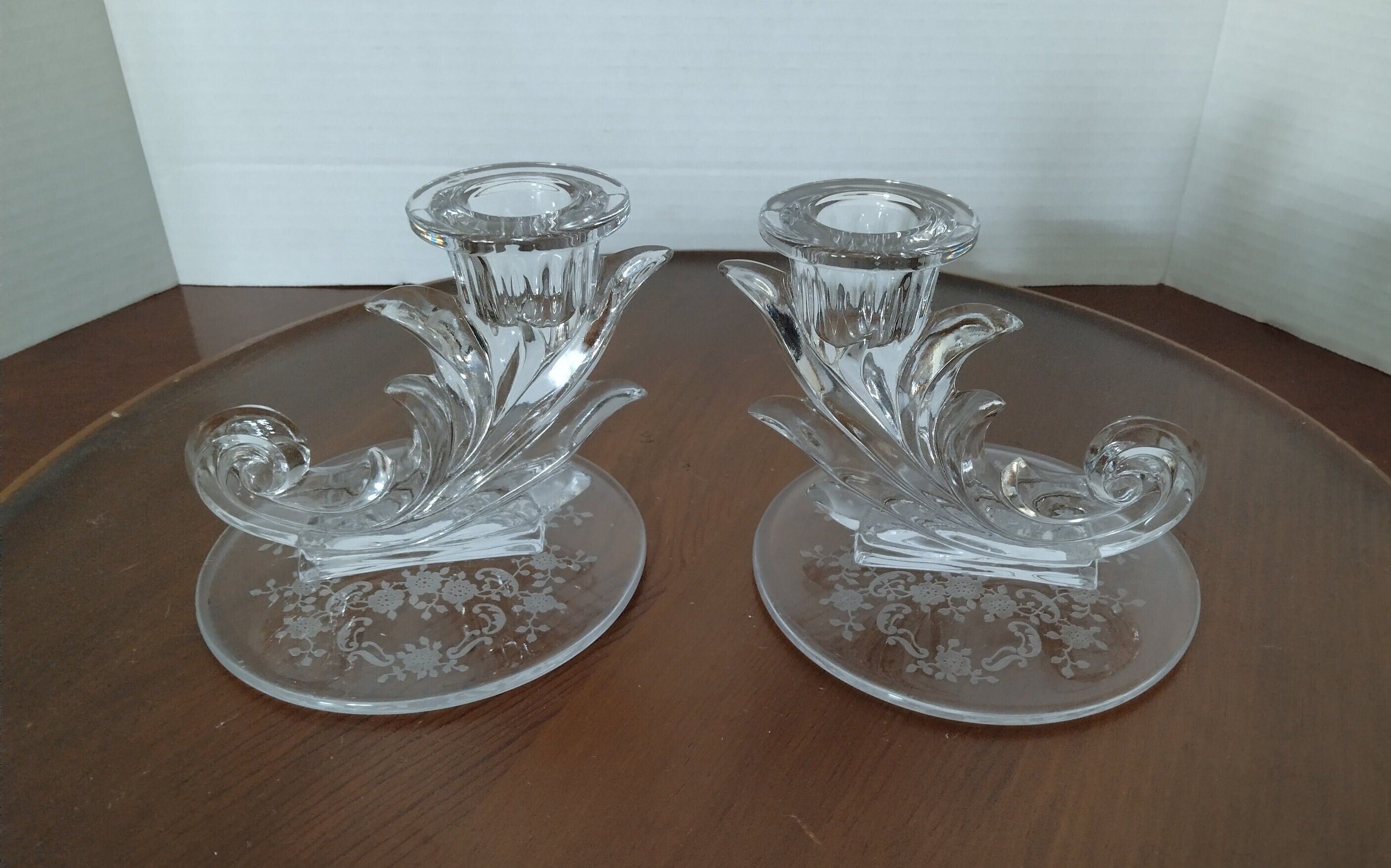 Pair of Vintage, Fostoria, Depression Glass Candle Holders, Baroque Glass Pattern, Meadow Rose Etching Pattern 1937-1958