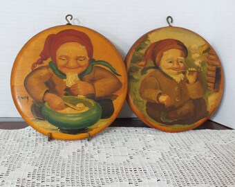 Scandinavian Gnome Themed Hand Painted Folk Art Wall Plaques – Set of Two (2)