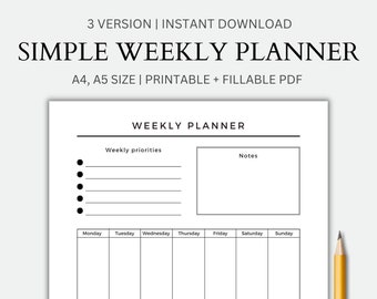 May include: A black and white printable weekly planner with sections for weekly priorities, notes, a daily schedule, a checklist, appointments, and reminders. The planner is available in A4 and A5 sizes.