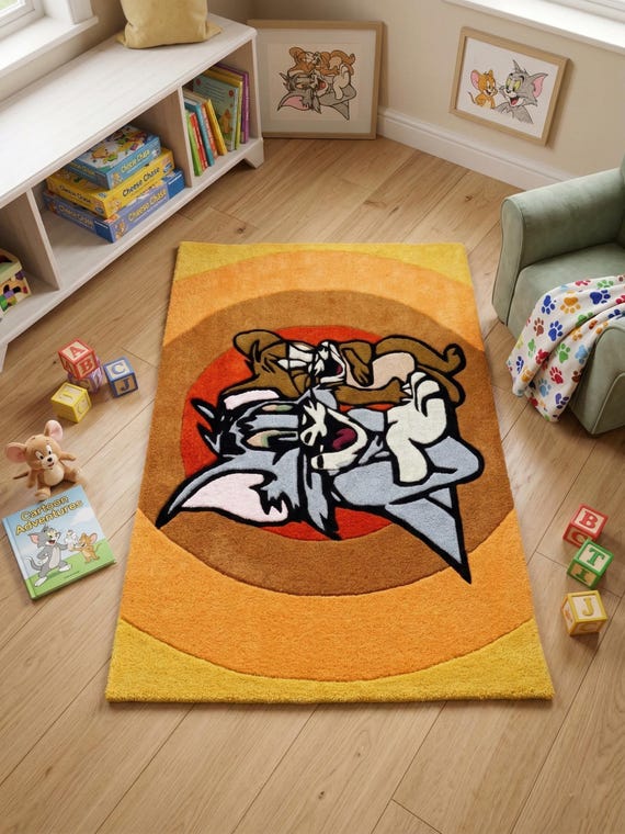 9x12ft 8x10ft Retro Cartoon Cat Mouse Area Rug Tufted Playful Kids Nursery Decor