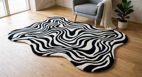 9x12 ft Hand Tufted Wool Wavy Rug: Black White Abstract Irregular Living Room Carpet