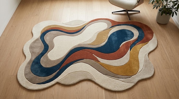 Hand Tufted Wool Rug: Modern Abstract Organic Shape Carpet – Wavy Geometric Living Room Decor