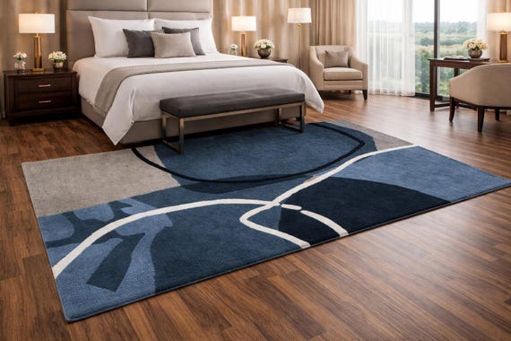 Modern Blue Abstract Area Rug, Geometric Soft Carpet