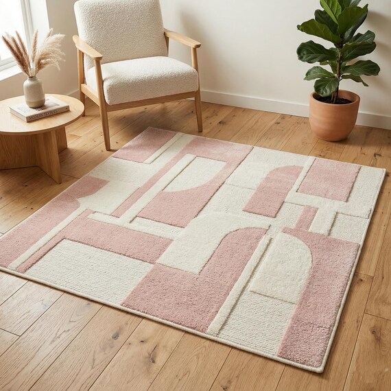 9x12 ft Modern Abstract Area Rug Pink Beige Tufted Carpet Scandinavian Living Room Rug