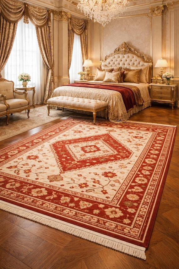 Hand Knotted Wool Area Rug | Traditional Persian Style Red Floral Carpet