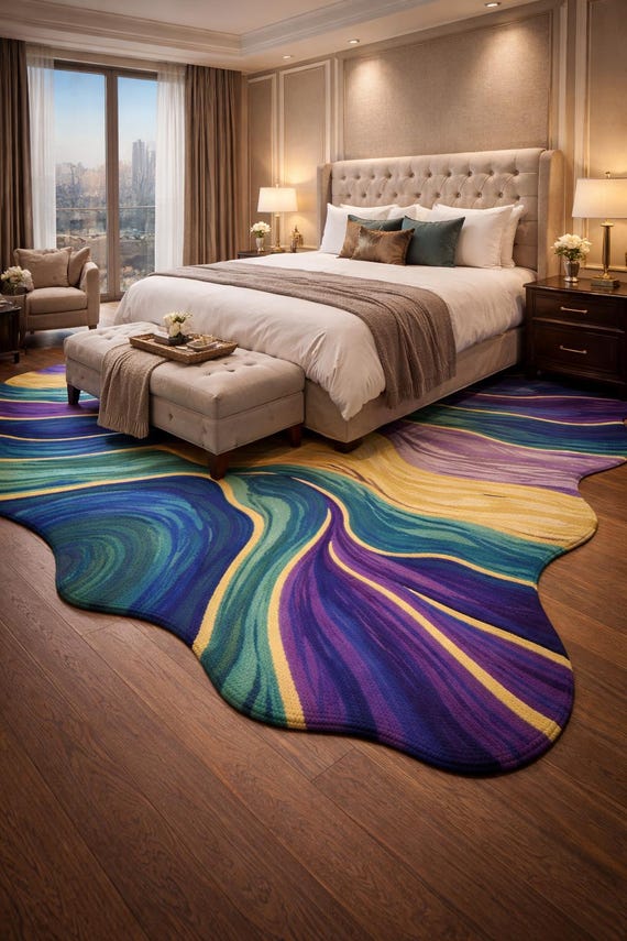 Hand Tufted Wool Rug: Abstract Wavy Design, Modern Colorful Carpet