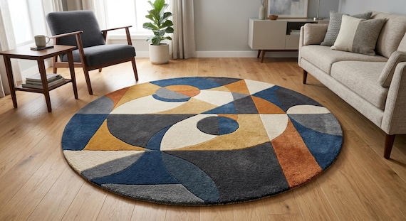 Hand Tufted Wool Abstract Round Rug, Modern Geometric Living Room Carpet