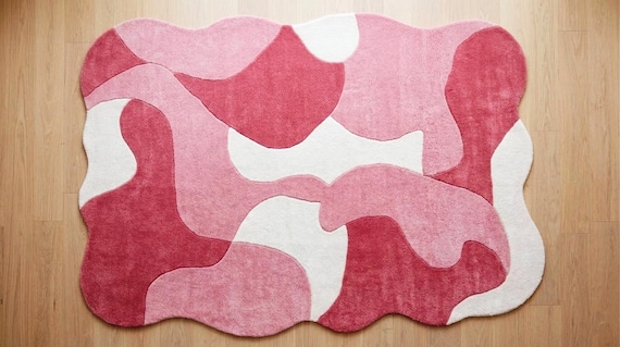 9x12 ft rug Hand Tufted Wool Abstract Rug, Irregular Pink Organic Shape Carpet