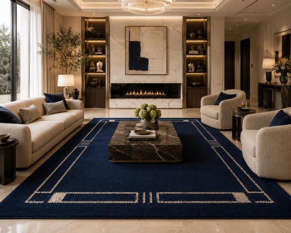 Handmade Navy Wool Geometric Area Rug – Modern Cream Border Living Room Decor