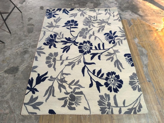 Hand Tufted Wool Rug, Navy Blue Floral Carpet, Thick Modern Rug