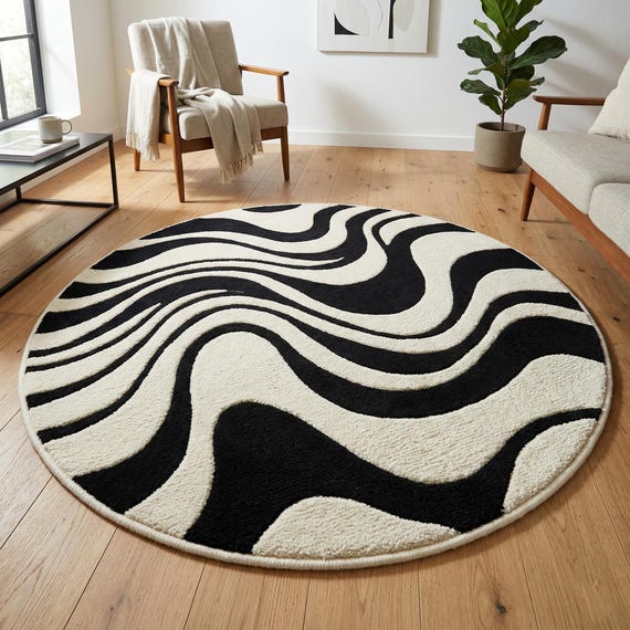Black White Abstract Round Rug, Modern Wave Pattern Carpet, Hand Tufted Style Home Decor