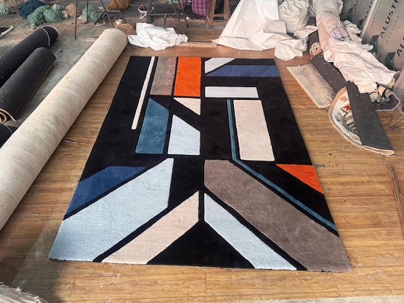 Hand Tufted Wool Area Rug, Modern Abstract Geometric Black Blue Orange Carpet