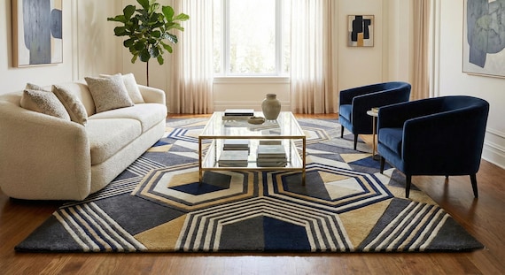 Hand Tufted Wool Rug, Navy Gold Geometric Abstract Design
