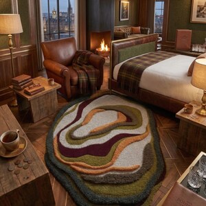 This image features a unique, irregularly shaped tufted area rug lying flat on a light oak wood floor in a cozy, modern bedroom. The rug has an organic, freeform silhouette with wavy edges, resembling a topographical map or an abstract geode slice. It boasts a deeply textured, high-low pile with swirling, 3D carved bands of color that create a tactile, contoured look