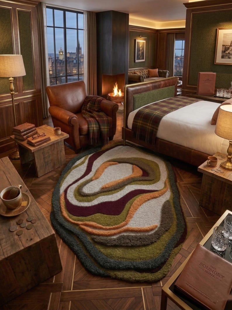 This image features a unique, irregularly shaped tufted area rug lying flat on a light oak wood floor in a cozy, modern bedroom. The rug has an organic, freeform silhouette with wavy edges, resembling a topographical map or an abstract geode slice. It boasts a deeply textured, high-low pile with swirling, 3D carved bands of color that create a tactile, contoured look