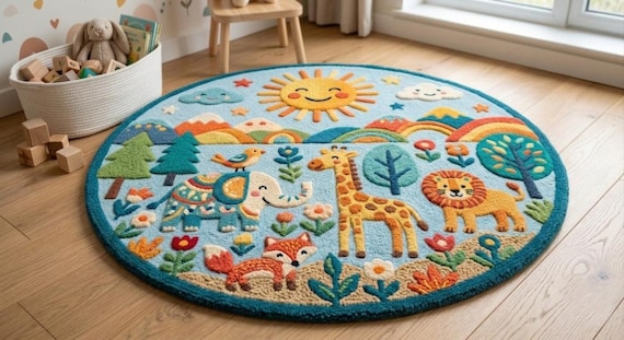 Round Safari Nursery Rug, Tufted Wool Playroom Mat, Colorful Animals Decor