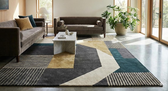 Hand Tufted Wool Rug, Modern Geometric Abstract Design