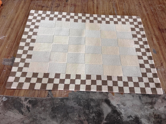 Hand Tufted Checkered Wool Rug, Cream Brown Geometric Carpet, Modern Living Room Decor