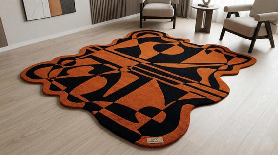 9x12 ft Abstract Irregular Wool Rug: Modern Black Orange Living Room Carpet