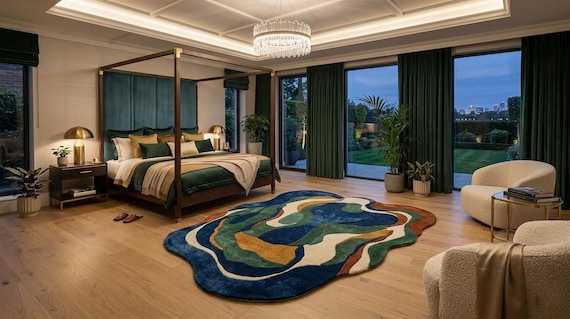 Hand Tufted Wool Rug: Abstract Organic Shape, Blue Green Modern Area Carpet
