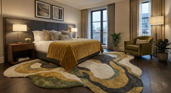 Hand Tufted Wool Rug: Olive, Gold Abstract Sculpted Area Carpet