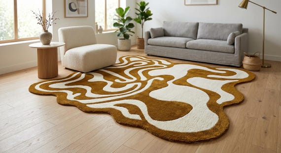 9x12 ft Mustard White Wavy Abstract Rug Hand Tufted Wool Scandinavian Living Room Carpet