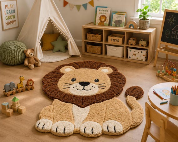 Hand Tufted Lion Rug for Kids Nursery – Safari Jungle Animal Carpet