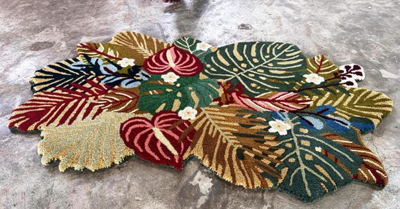 Hand Tufted Wool Leaf Rug, Colorful Botanical Area Carpet, Modern Living Room Statement Rug