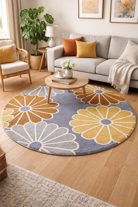 Round Floral Hand Tufted Wool Rug – Modern Daisy Area Carpet