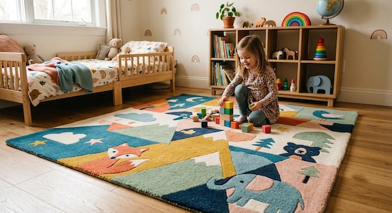Hand Tufted Woodland Animal Wool Rug, Kids Playroom Nursery Decor