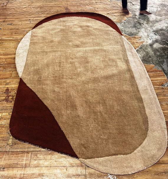 Hand-Tufted Wool Rug, Irregular Abstract Area Carpet, Neutral Beige Brown Designer Organic Shape