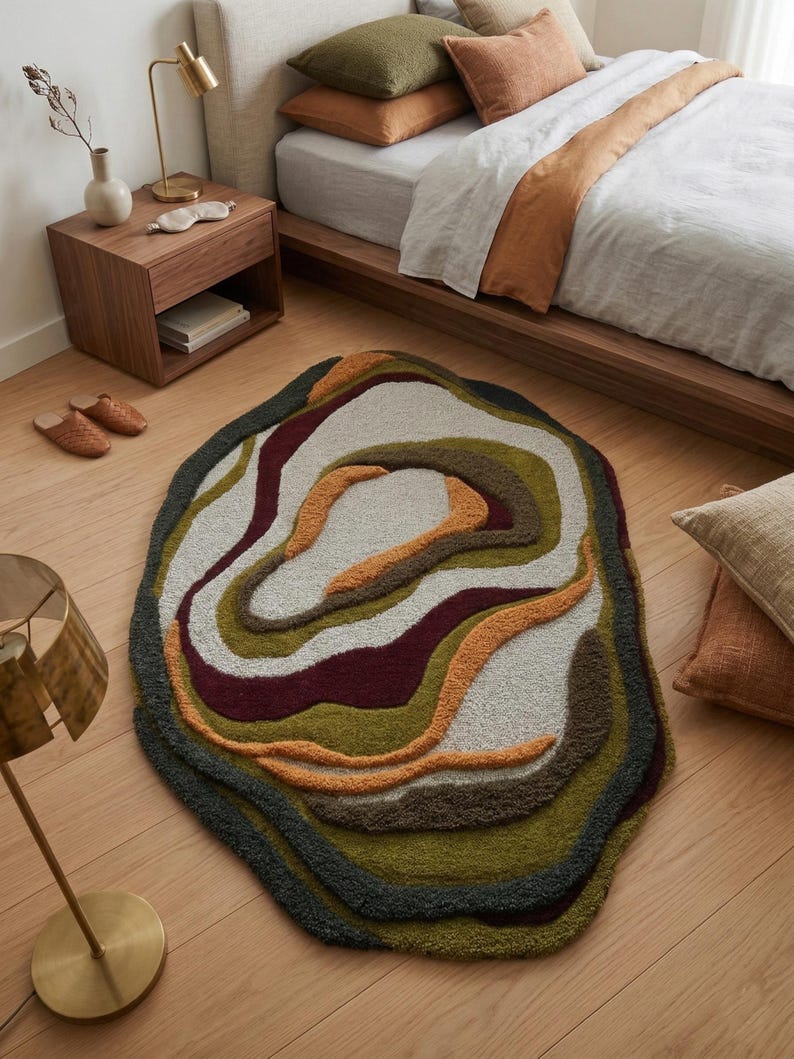 This image features a unique, irregularly shaped tufted area rug lying flat on a light oak wood floor in a cozy, modern bedroom. The rug has an organic, freeform silhouette with wavy edges, resembling a topographical map or an abstract geode slice. It boasts a deeply textured, high-low pile with swirling, 3D carved bands of color that create a tactile, contoured look