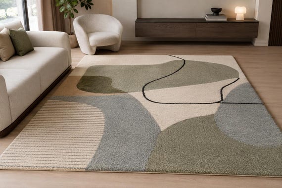 Hand-Tufted Wool Abstract Rug: Sage Green, Beige Geometric Area Carpet (9x12 feet)