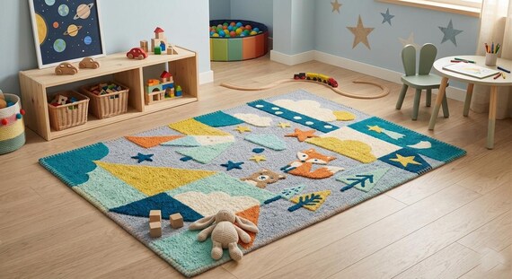 Woodland Adventure Hand Tufted Wool Rug for Kids Room, Nursery Carpet