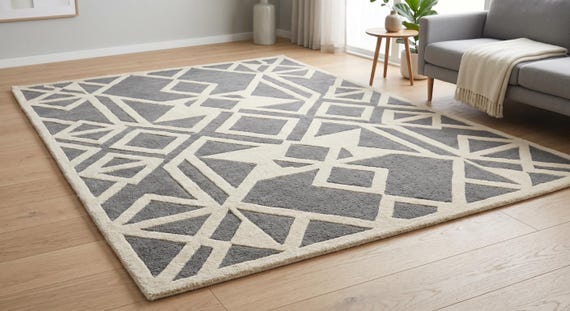 8x10 ft Grey White Geometric Wool Rug, Hand Tufted Abstract Contemporary Carpet rug