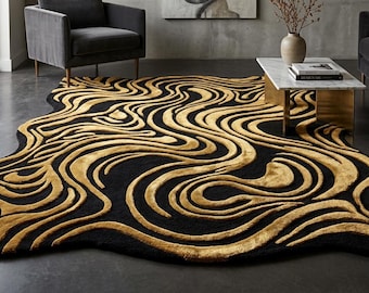 Black Gold Abstract Wool Rug, Hand Tufted Irregular Wave Carpet