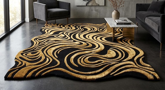 Black Gold Abstract Wool Rug, Hand Tufted Irregular Wave Carpet