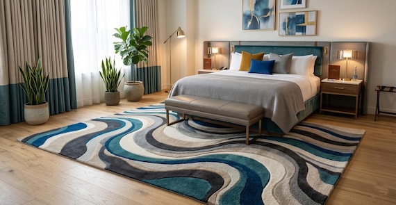 9x12 ft Modern Abstract Wave Area Rug: Blue, Teal, Gray Plush Carpet