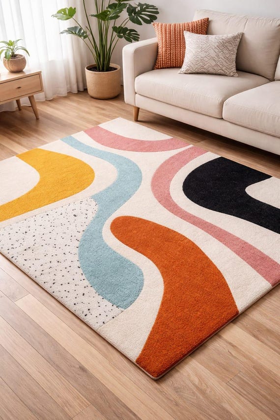Abstract Geometric Area Rug, Mid-Century Modern Style, Earthy Tones