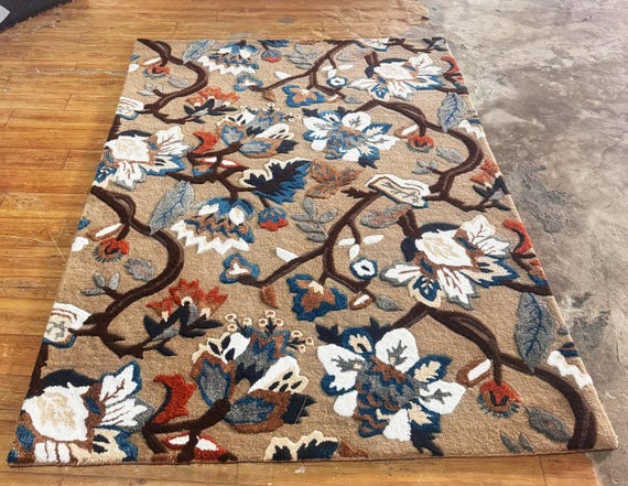 Hand Tufted Wool Floral Area Rug, Beige Blue Botanical Carpet, Designer Statement Floor Rug
