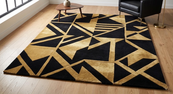 9x12 ft Black Gold Geometric Hand-Tufted Wool Rug, Modern Abstract Area Carpet rug